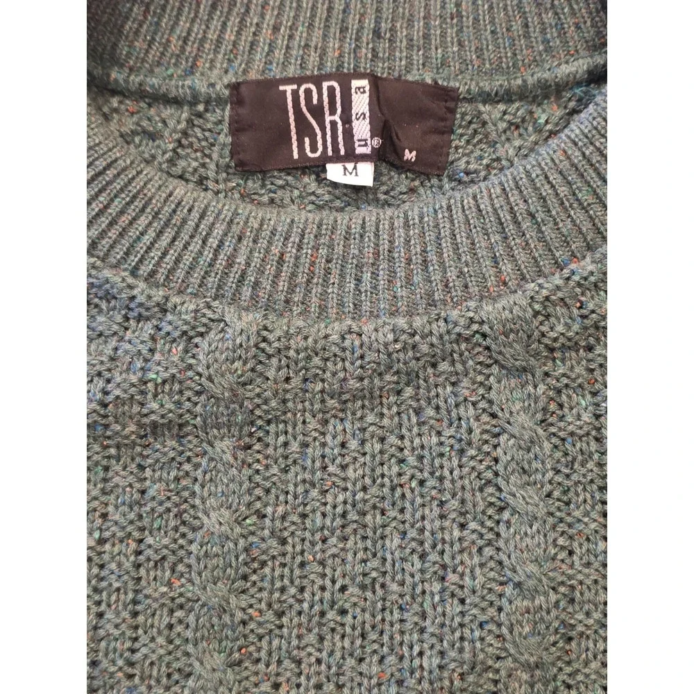 Vintage TSR Cable Knit Sweater Mens M Green USA Made Acrylic Silk Blend